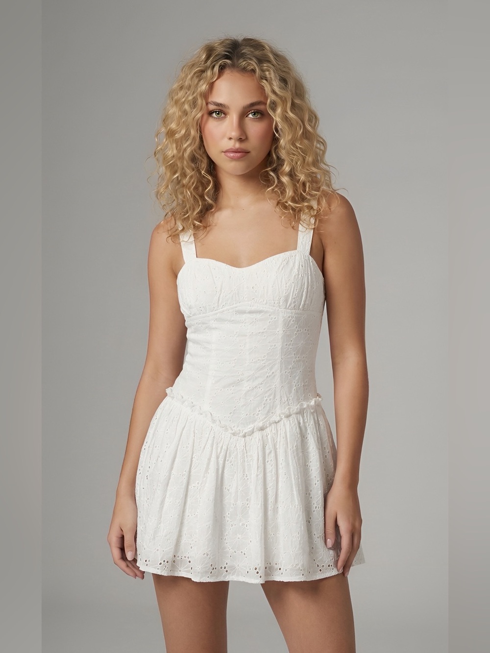Lovers + Friends White Eyelet Mini Dress with Sweetheart Bodice